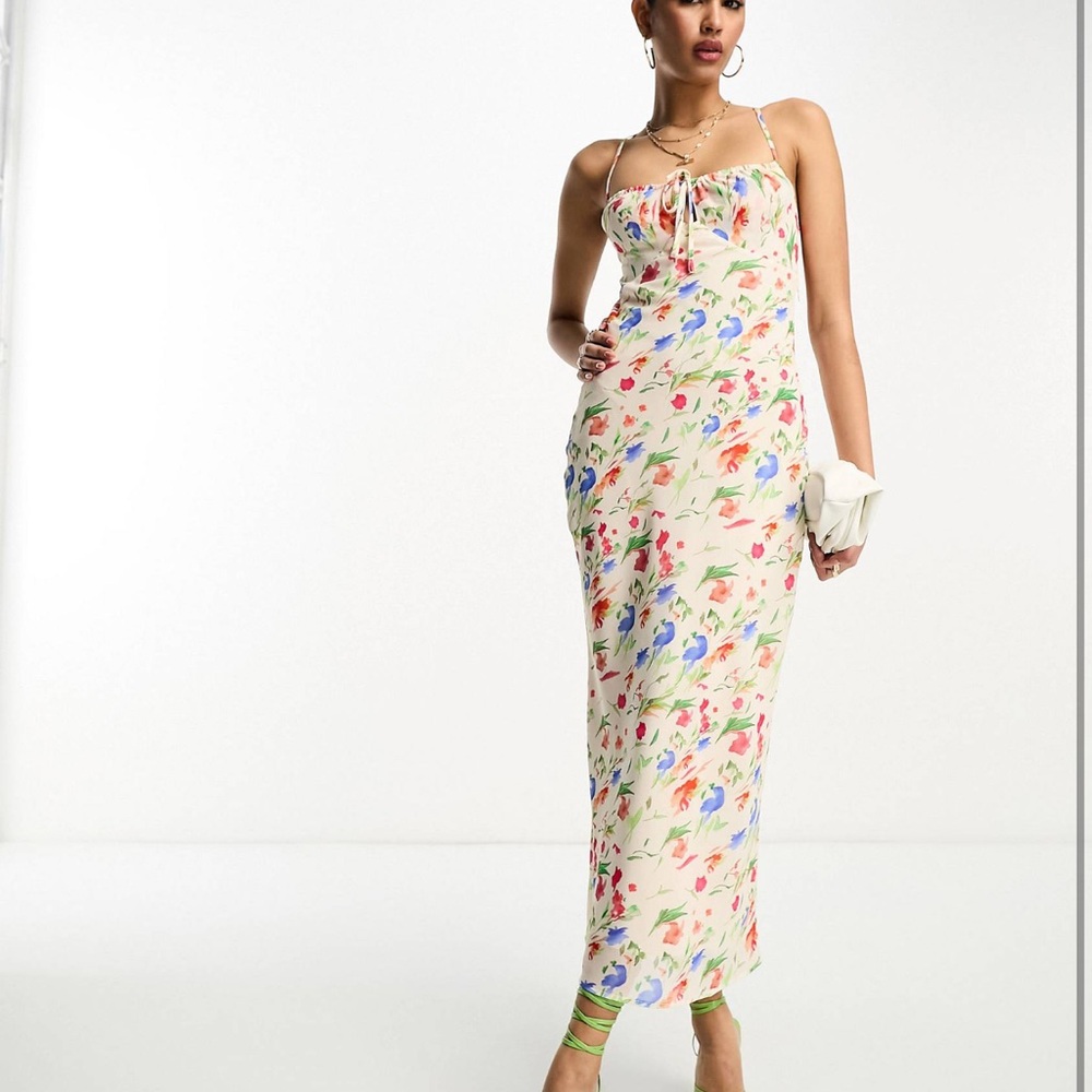 Pretty Lavish Tie Midi Slip Dress - Ivory Dainty Floral - 8 NWT